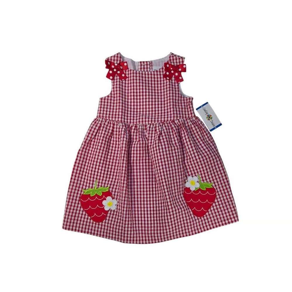 NEW Adorable COUNTING DAISIES Red Gingham Sundress Strawberry Applique Dress